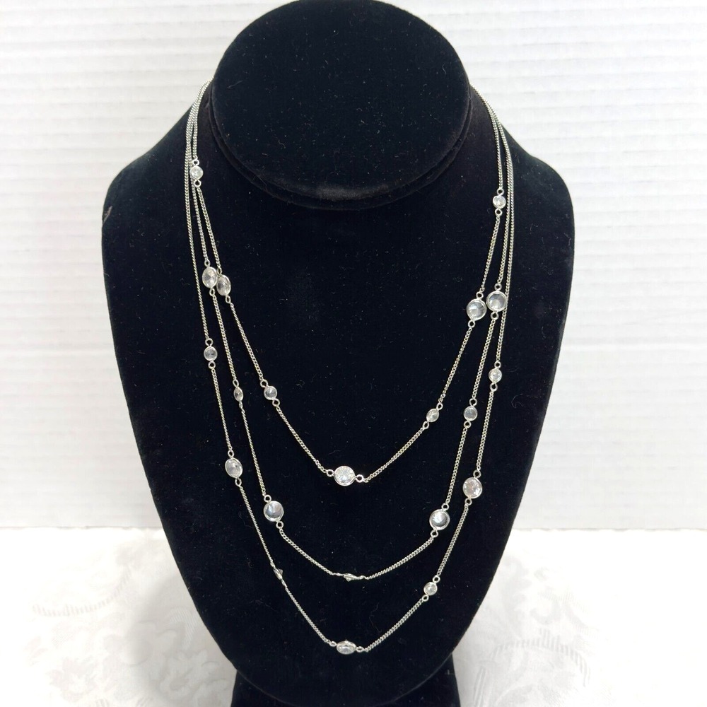 Ann Taylor Necklace Multi Strand Layer Silver tone Fine Chains Crystal Pendants